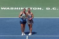 Vera Zvonareva and Laura Siegemund with the women's doubles title at the Citi Open